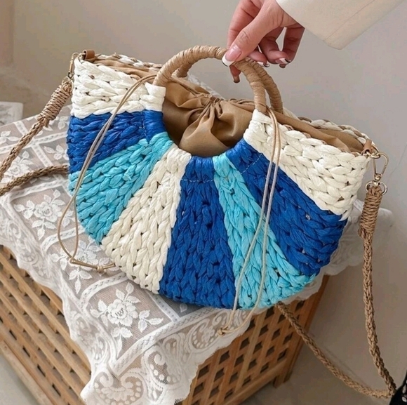 Color Block Top Ring Straw Bag